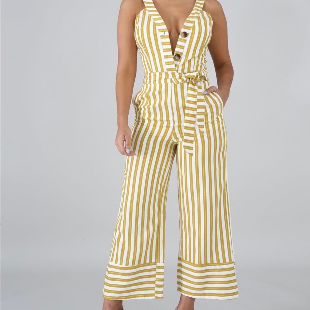 Striped Yellow & White Wide-Leg Jumpsuit with Tie Waist